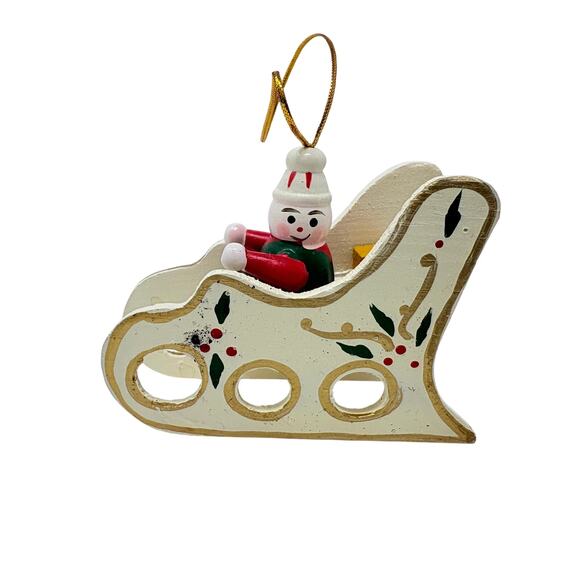 Vintage Hand Painted 2" Wooden White Sled With Rider Presents Christmas Ornament - Picture 1 of 6